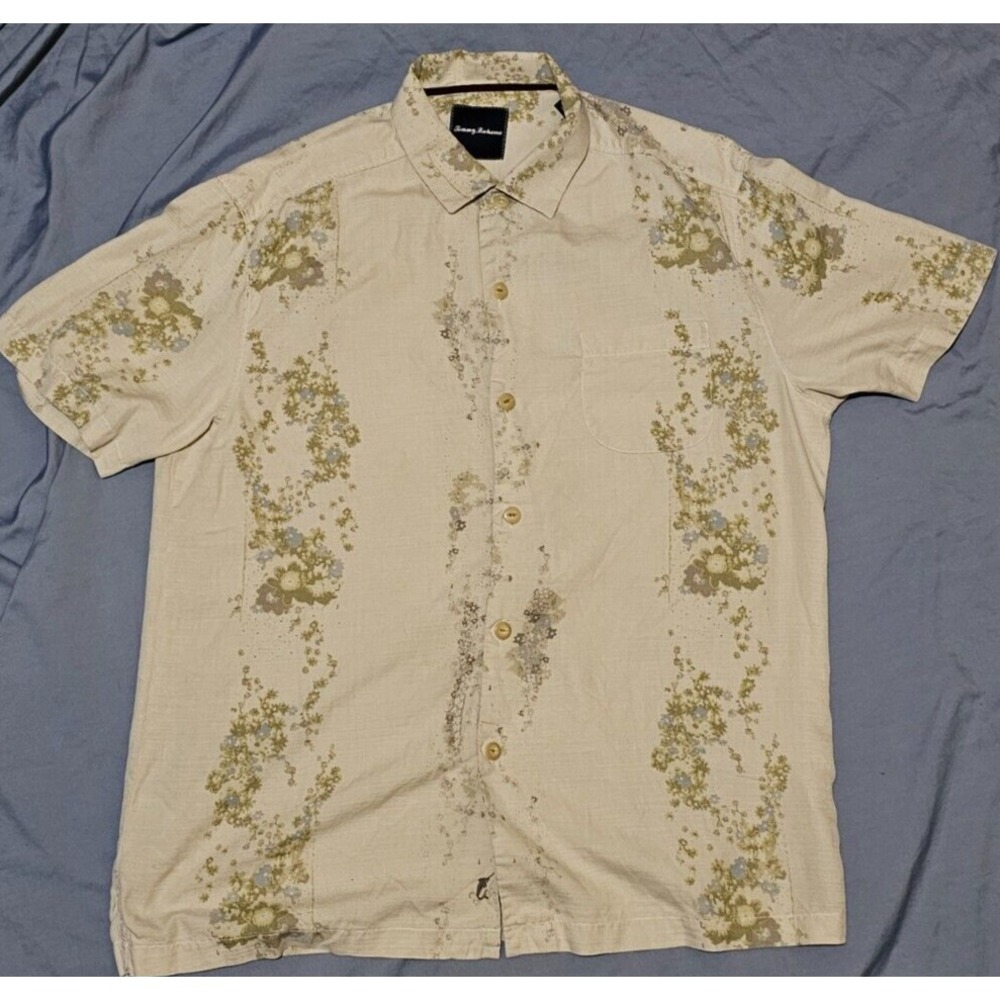 TOMMY BAHAMA Mens‎ Large Silk Hawaiian Shirt Floral Cream Camp Relax Fit